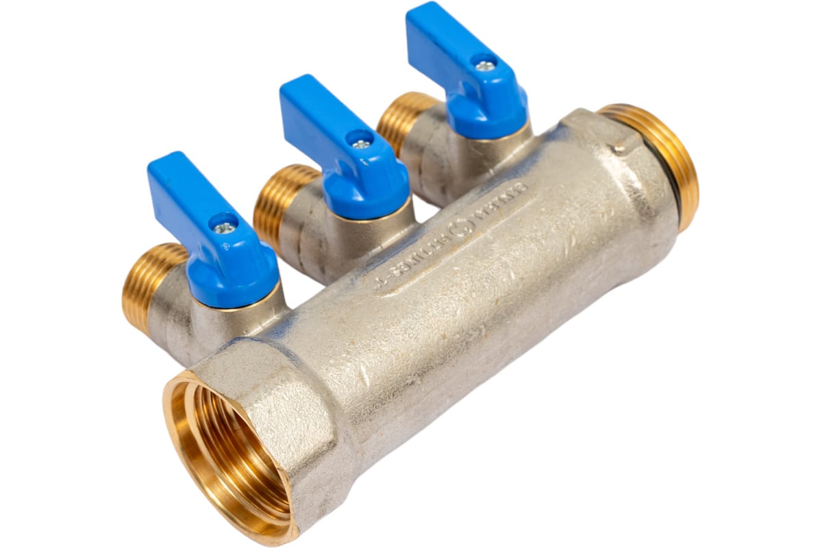 Коллектор с шаровыми кранами STOUT Smb 6211 011203 1", 3 отвода 1/2", синие ручки RG0091AACQMBJO