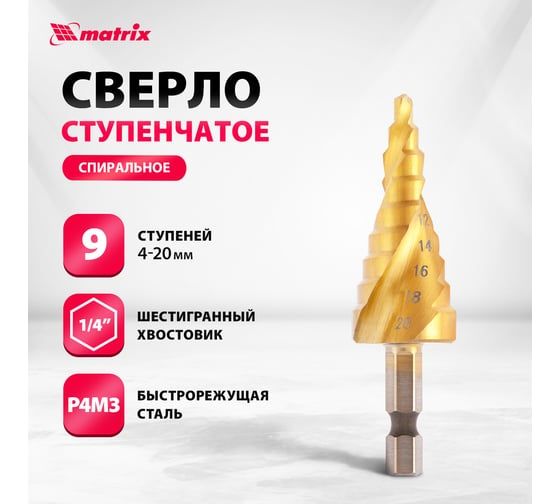 Сверло ступенчатое HSS, 4-6-8-10-12-14-16-18-20 мм Matrix 72356