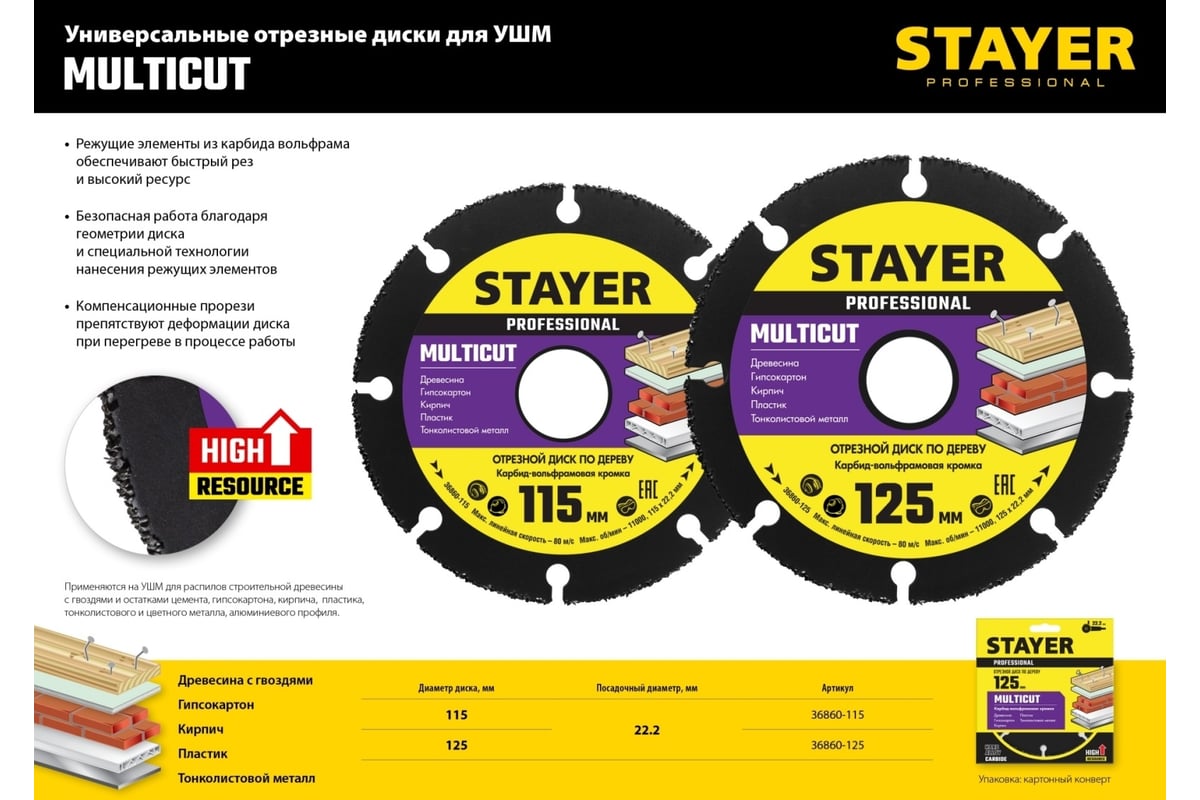 Диск отрезной по дереву для УШМ Stayer MultiCut 125х22.2мм 36860-125