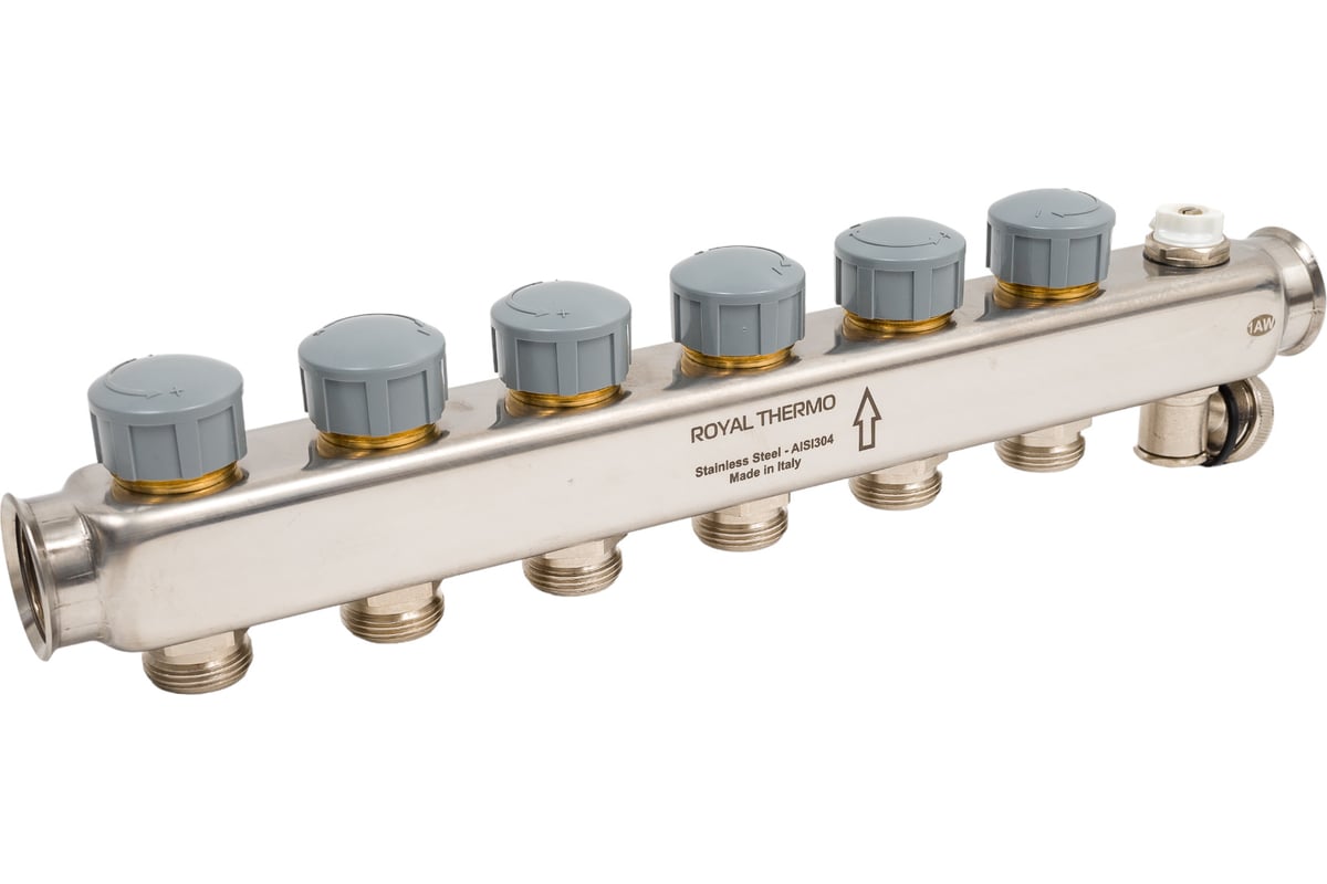 Коллектор в сборе Royal Thermo нержавеющая сталь, с расходомерами 1 ВР-3/4 НР, 6 выходов НС-1080952