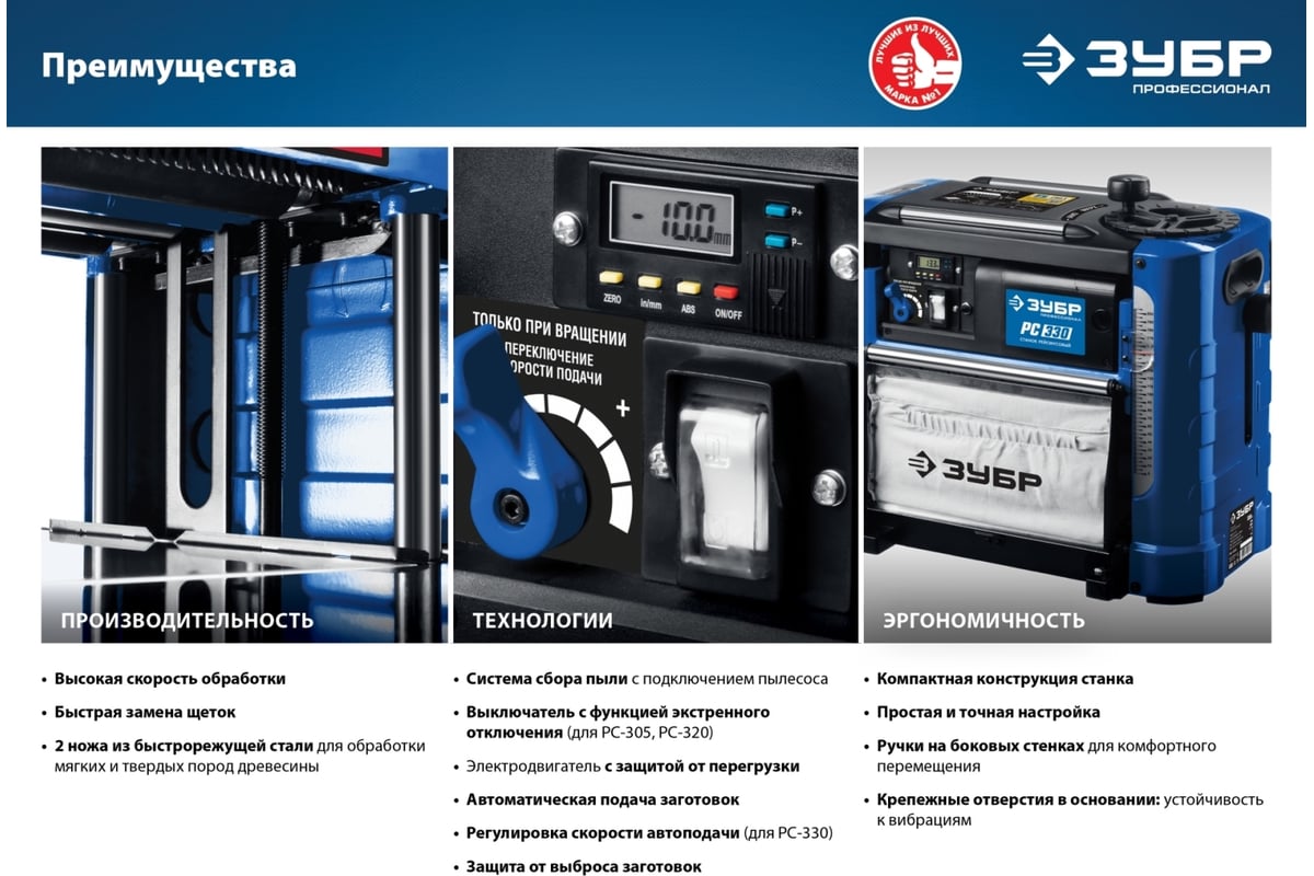 Рейсмусовый станок Зубр ширина строгания 318 мм, толщина заготовки до 153 мм, 2 ножа, РС-320