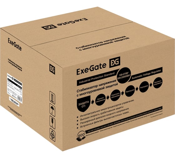 Стабилизатор напряжения настенный Exegate Master AV-20000 20000ВА, вход 140-260В, цветной дисплей, выход 220В±8, КПД 98, 5 уровней защиты, задержка, усилен 291765