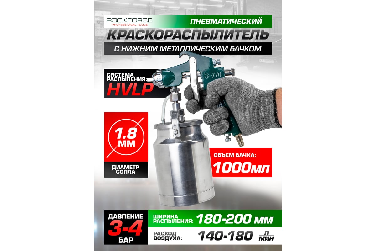 Краскораспылитель Rockforce с нижним металлическим бачком (бачок 1000 мл, сопло 1.8 мм) RF-S-770S(58780)