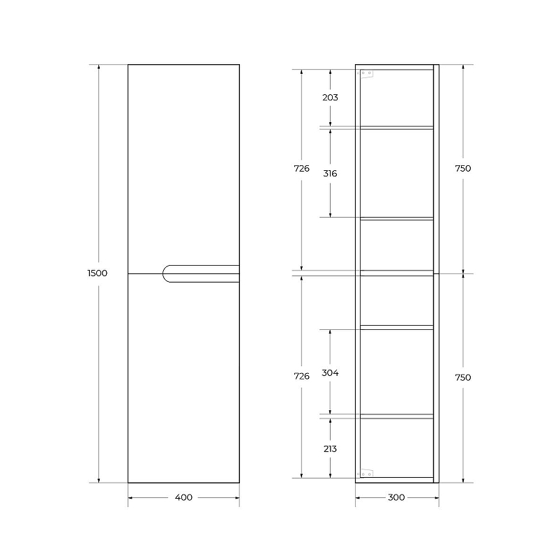 Шкаф пенал Cezares Duet 40 см DUET-1500-2A-SC-BO Bianco Opaco