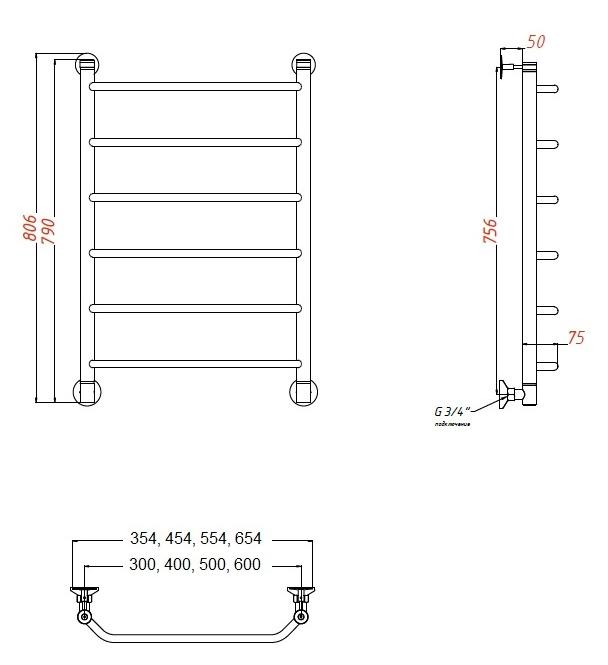 Полотенцесушитель водяной Aquanet Fiona 30x80 см