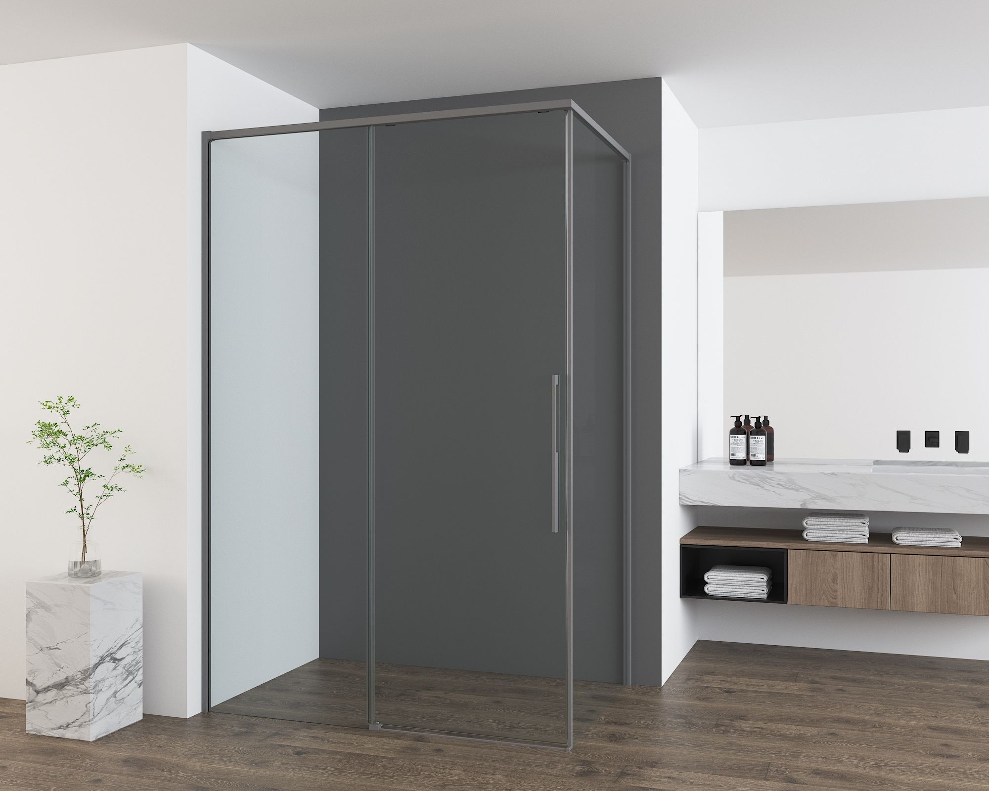 Душевой уголок Vincea Ultima VSR-7UL9014CLGM 140x90 вороненая сталь, прозрачное