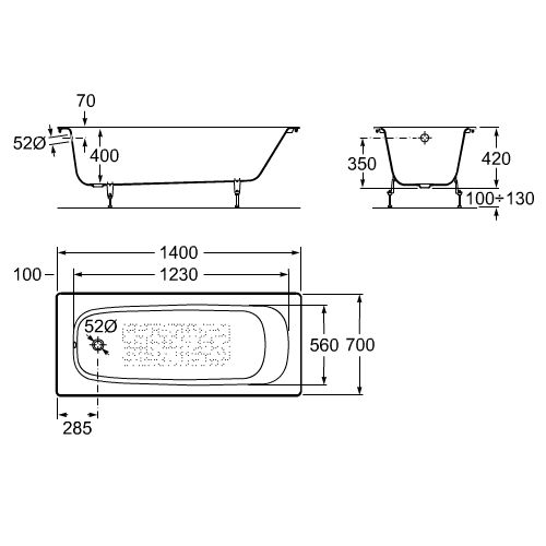 Чугунная ванна Roca Continental 140x70 см 212914001 с противоскользящим покрытием