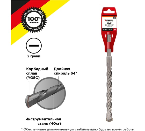 Бур по бетону 18x210x150 мм, SDS-Plus Kranz KR-91-0036