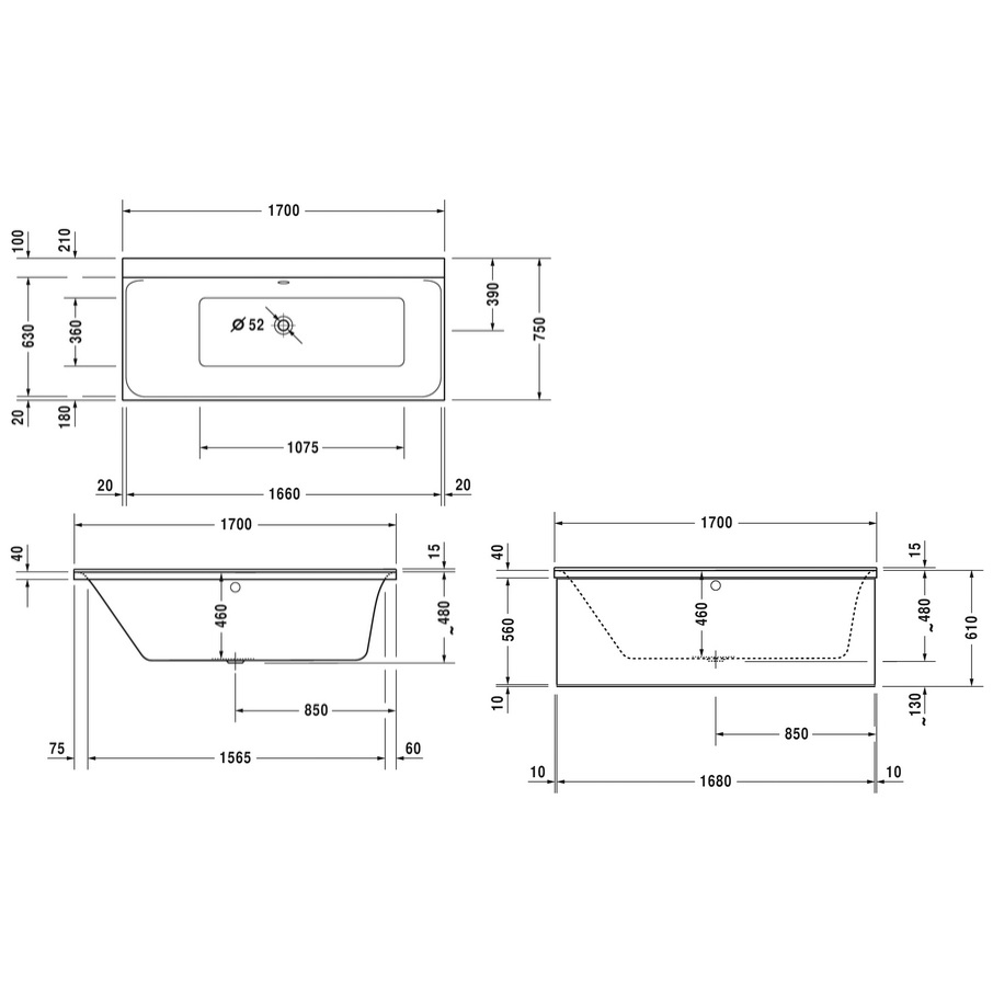 Акриловая ванна Duravit P3 Comforts 700376 170x75 с ножками, правый наклон для спины