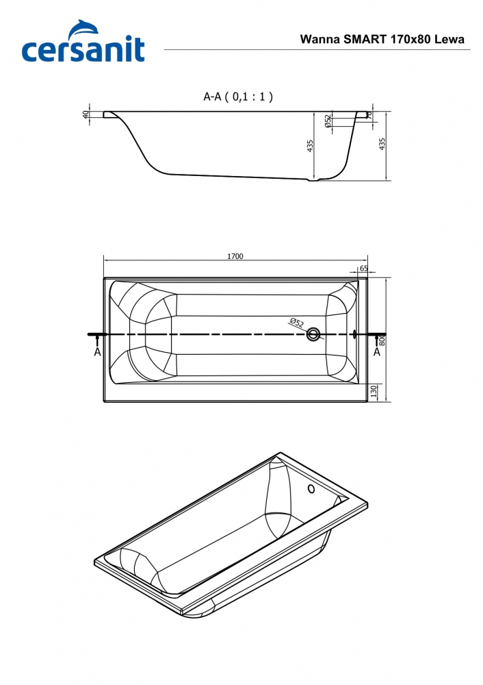 Акриловая ванна Cersanit Smart 170x80 см L