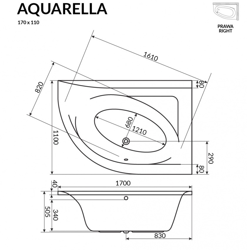 Акриловая ванна Excellent Aquarella 170x110 R