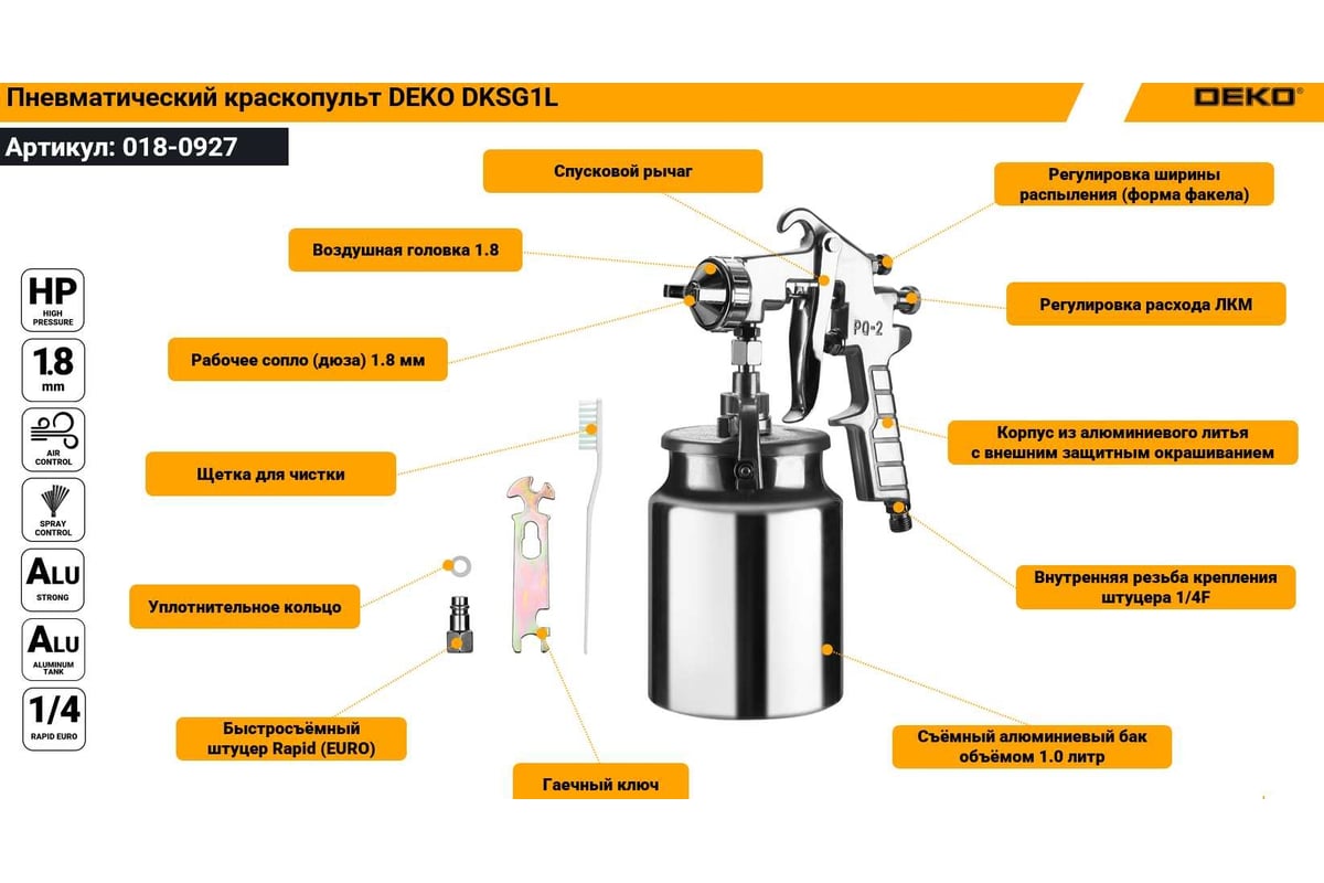 Пневматический краскопульт с нижним бачком Deko DKSG1L 1000 мл, металл 018-0927