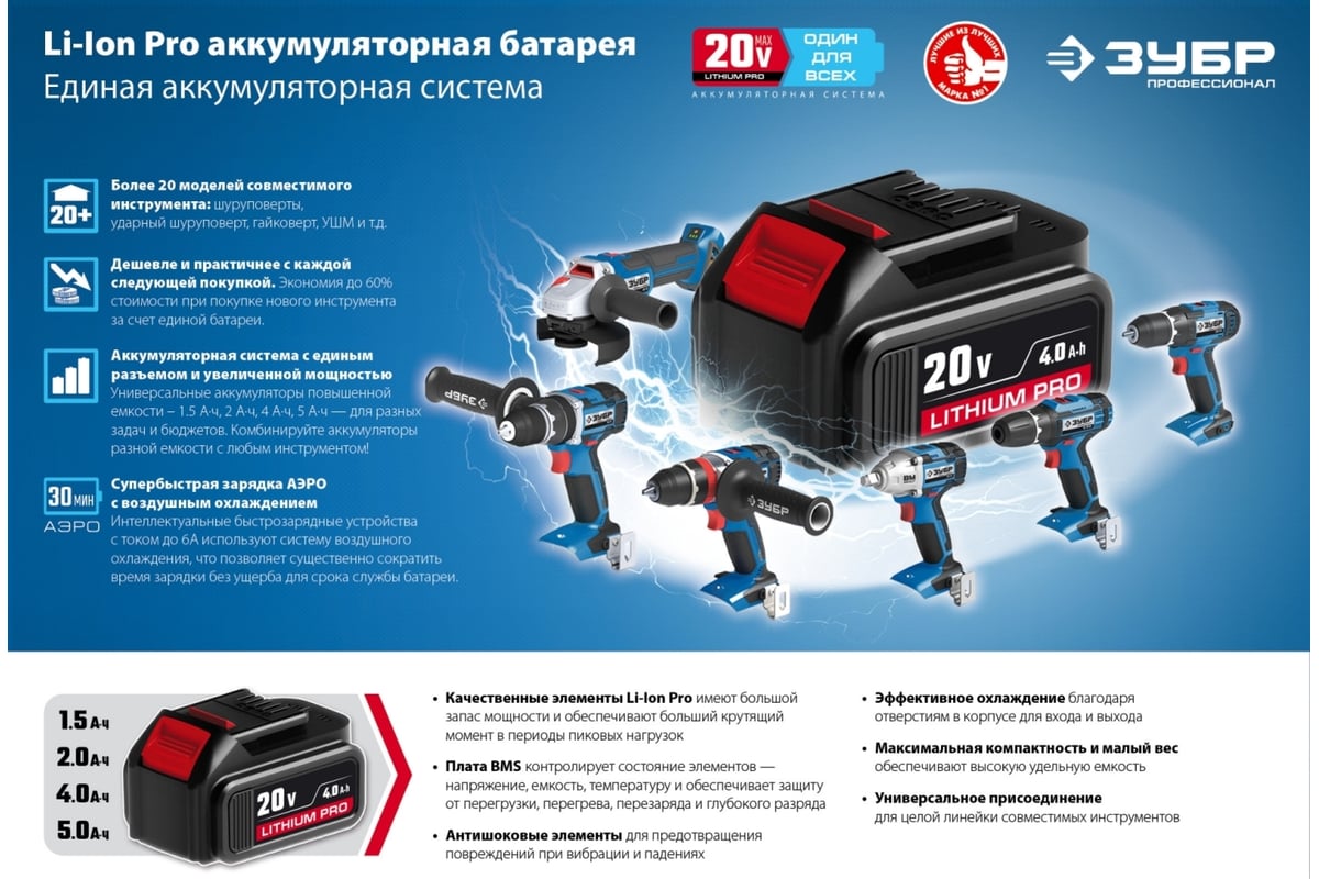 Аккумуляторная батарея Зубр Профессионал тип Т7, 18 В, Li-Ion PRO, 4.0 Ач, S-18-4 T7