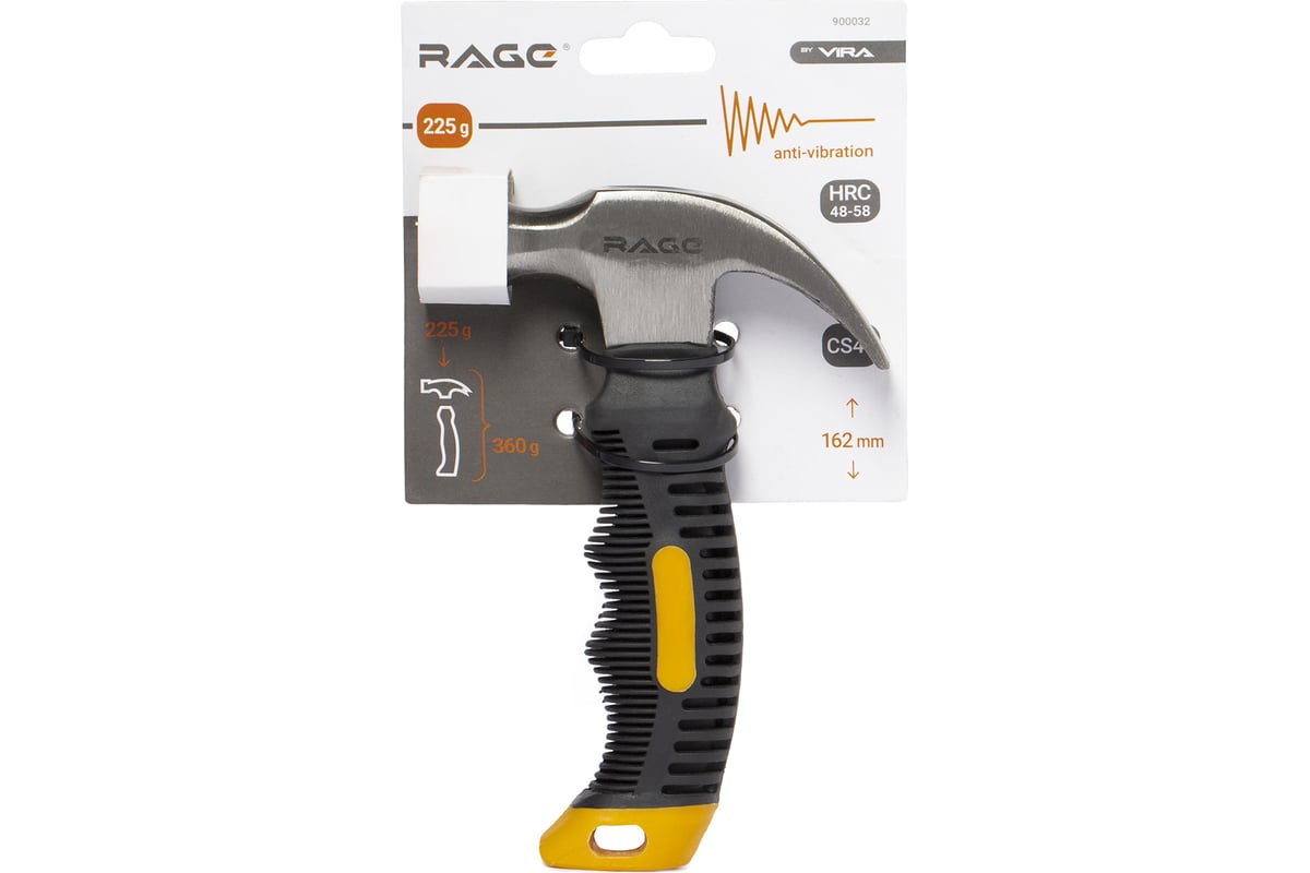 Укороченный молоток-гвоздодер с фибергласовой рукояткой RAGE by VIRA, 225г 900032