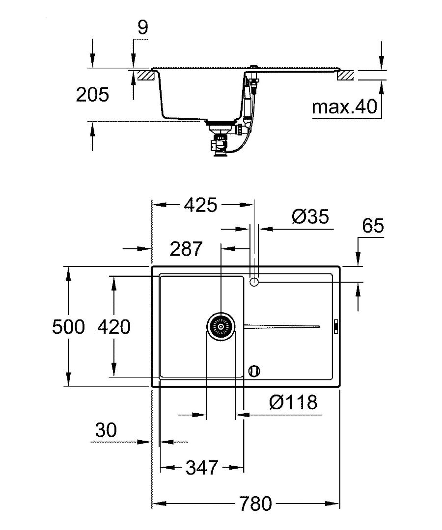 Кухонная мойка Grohe K400 31639AP0 78 см черный гранит