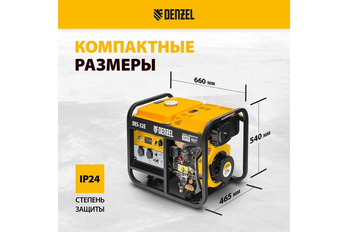 Дизельный генератор Denzel DES-32E 3,2 кВт, 230 В, 11 л, электростартер 94412