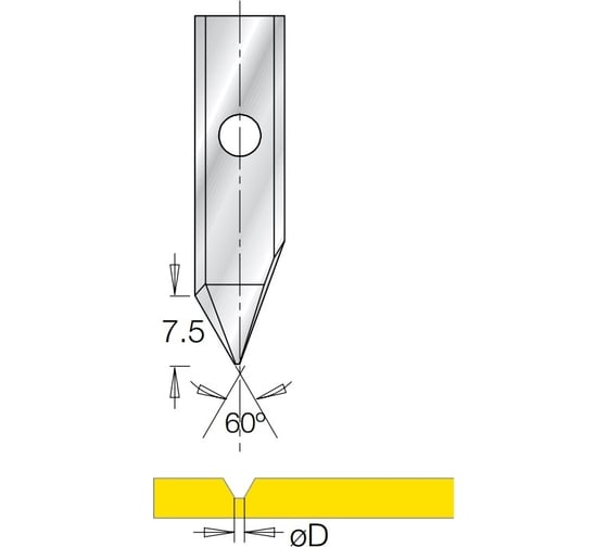 Нож для фрезы гравировка V паз 60 гр B7.5 пятка 0.25, для фрезы G1853 Dimar 3185019