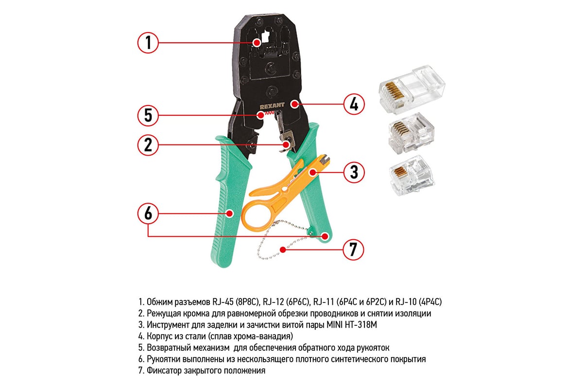 Кримпер для обжима 8P8C / 6P6C / 4P4C /ht-200/, заделка витой пары /ht-318М/ Rexant ht-315 12-3441