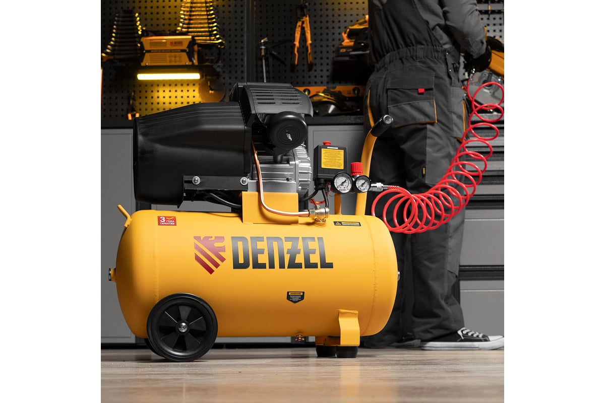 Воздушный компрессор Denzel прямой привод, dcv1800/50, 1,8 квт, 50 литров, 320 л/мин 58168