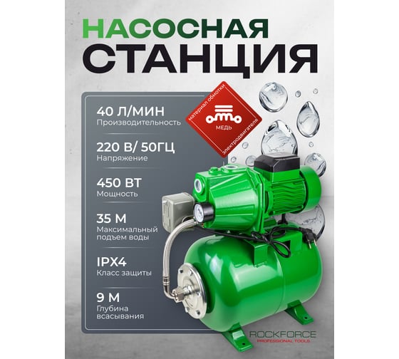 Насос самовсасывающий Rockforce 230В, 50Гц, 450Вт, 40л/мин обмотка CU RF-AUTO-JET60S COPPER61179
