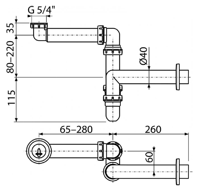 Сифон для раковины Alcaplast A434 экономящий пространство с накидной гайкой 5/4"