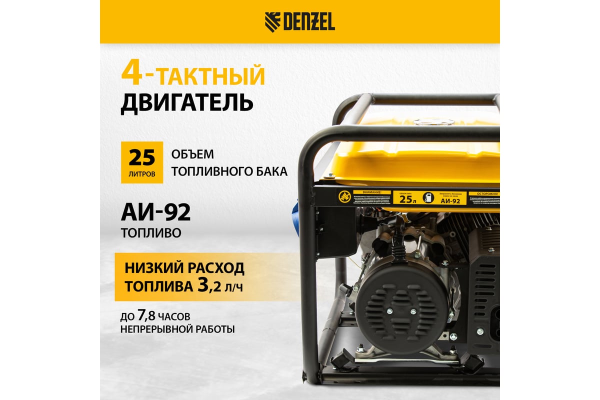Бензиновый генератор 8,5 кВт, 220В/50Гц, 25 л Denzel GE 8900 94639