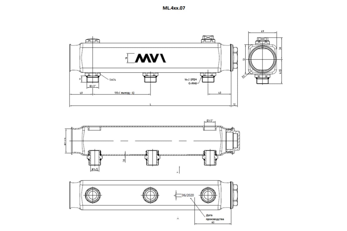 Коллектор MVI из нержавеющей стали, м\ц 100мм, 1 1/4"x1/2", 2 выхода (пара) ML.402.07