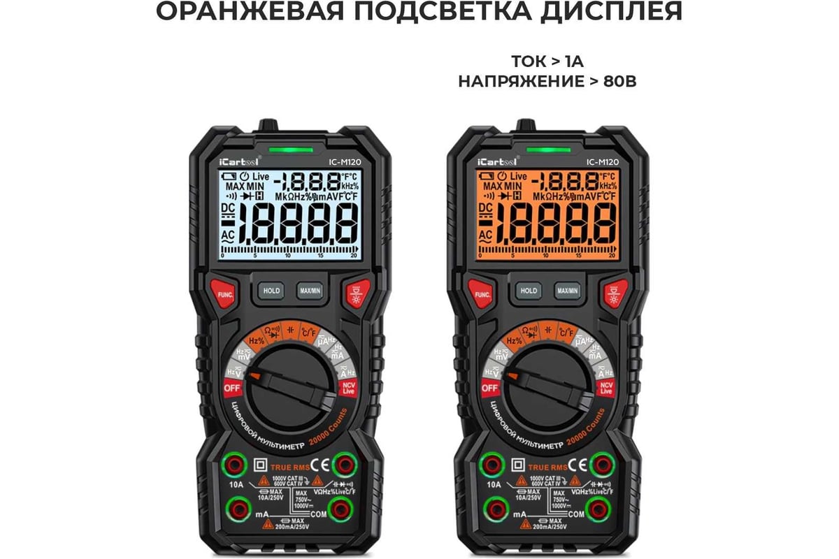 Профессиональный цифровой мультиметр iCartool CATIII 1000V, СATIV 600V, TrueRMS, AC/DC IC-M120