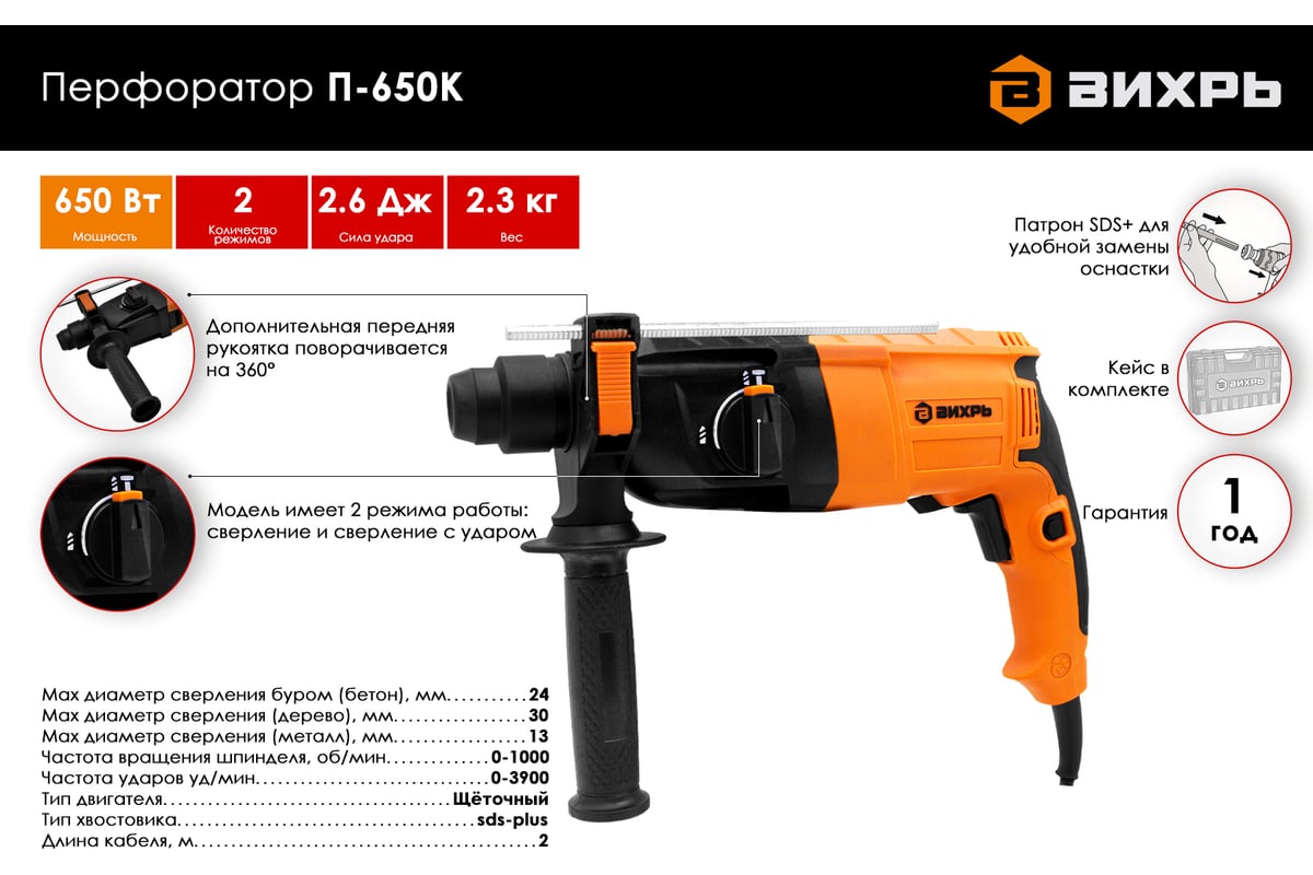 Перфоратор Вихрь П-650К 72/3/5