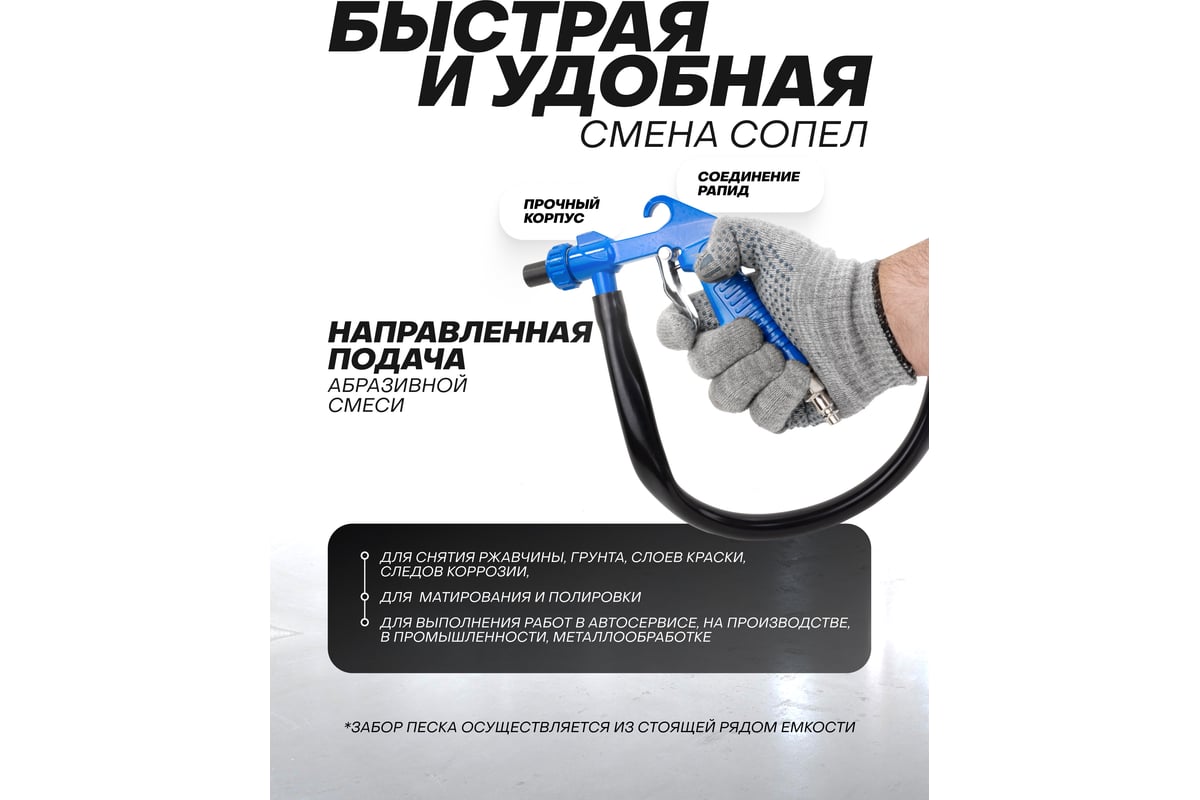 Пескоструйный пневмопистолет Forsage шлангового типа, 2 сменных сопла, вход 1/4", шланг 1 м, расход воздуха 180 л/мин, давление 6 бар, в блистере F-SB-03(59351)