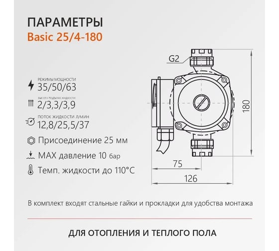 Циркуляционный насос PROFLINE basic 25/4-180 (гайки, кабель) УТ-00047612