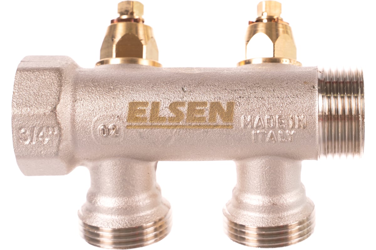 Модульный коллектор ELSEN 3/4", 2 контура, размер отвода-3/4" ЕК, с вентилями, латунь EMW01.02