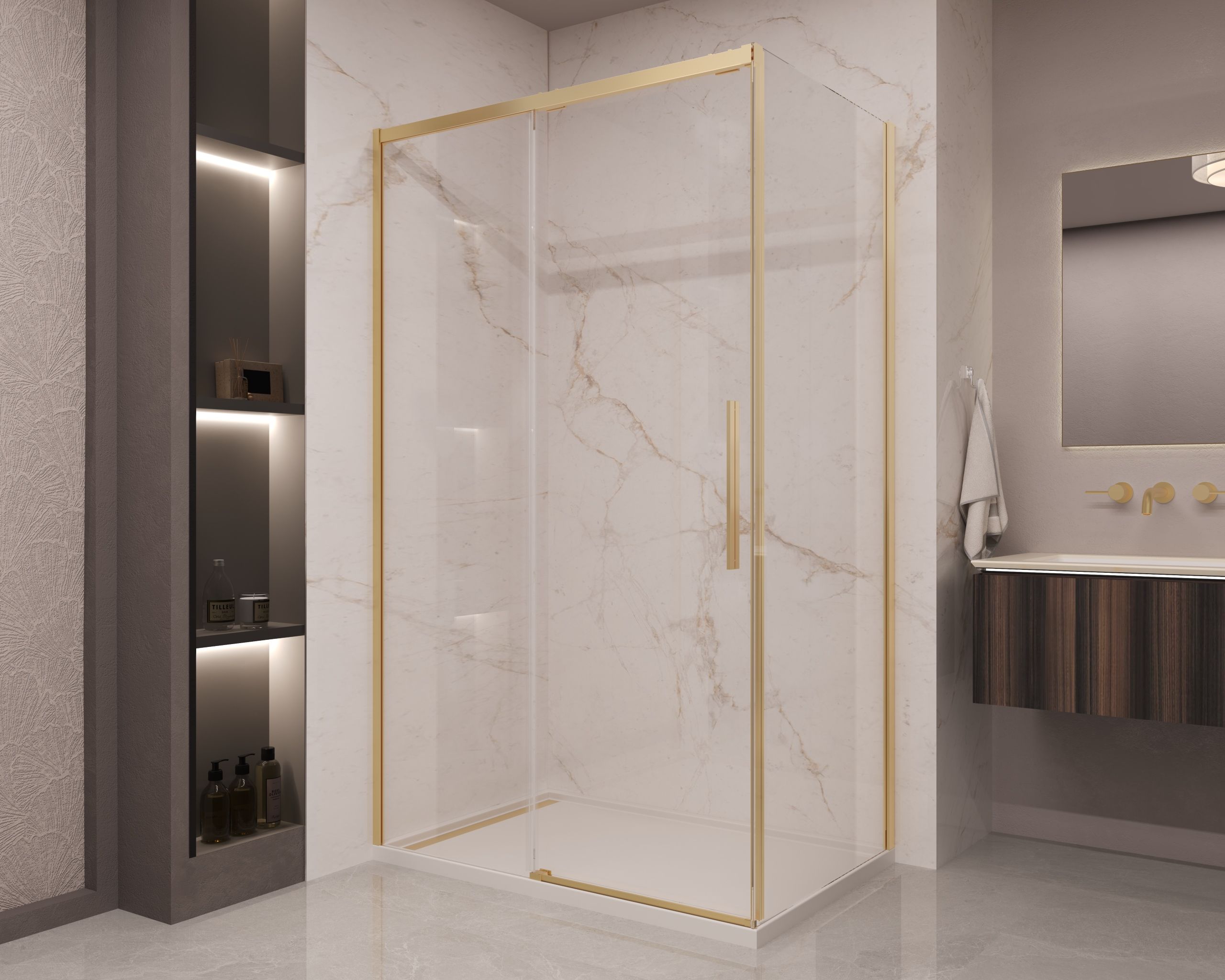 Душевой уголок Vincea Стелла (Stella) VSR-1ST8015CLG 150x80 брашированное золото, стекло прозрачное