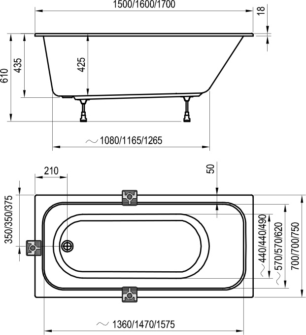 Акриловая ванна Ravak Chrome Slim 170x75 см C741300000