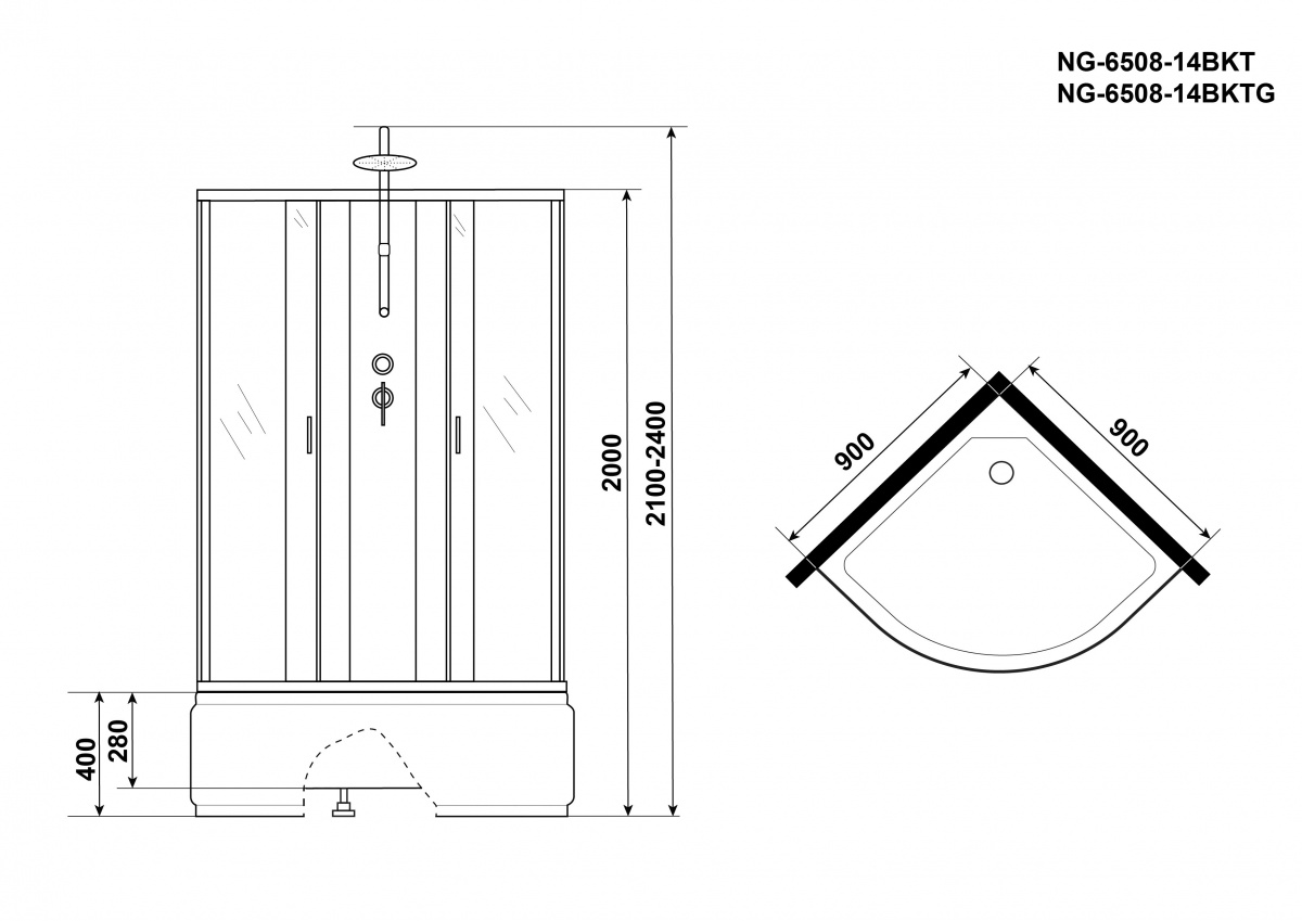 Душевая кабина Niagara NG 6508-14BKT 90x90 стекло тонированное, без крыши, тропический душ