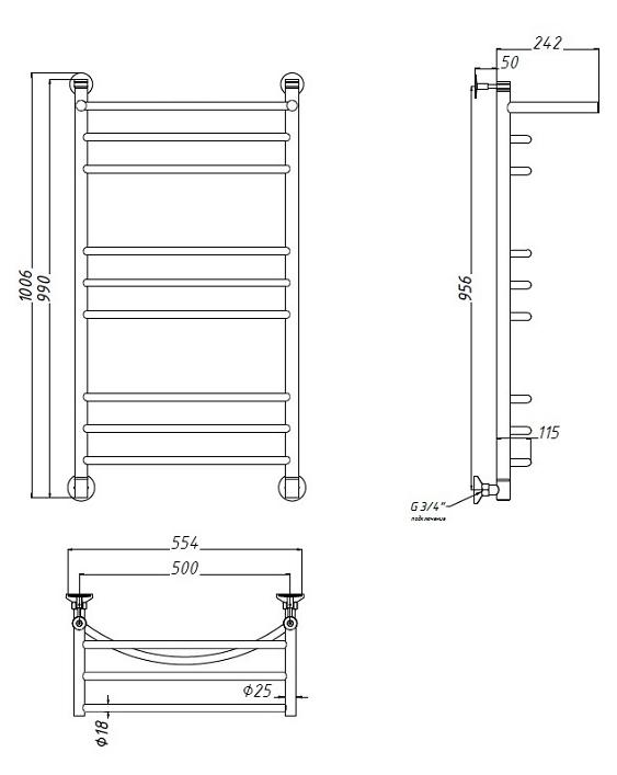 Полотенцесушитель водяной Aquanet Romeo(г2) 50x100 см, с верхней полкой