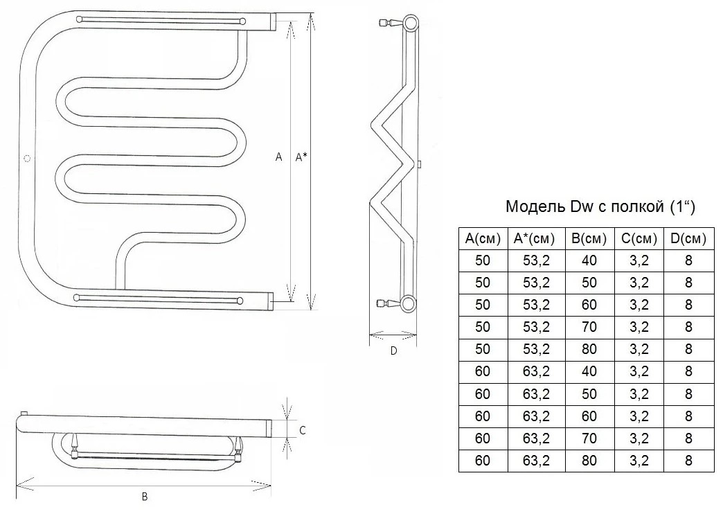 Полотенцесушитель водяной Двин Dw 1"-1/2" 50x53 с полкой, хром