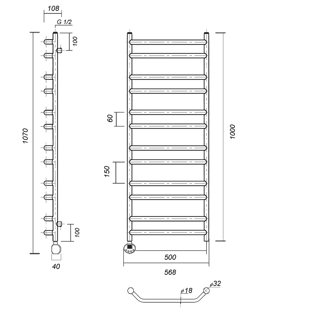 Полотенцесушитель электрический Domoterm Лаура П12 500x1000 EL ТЭН слева, хром