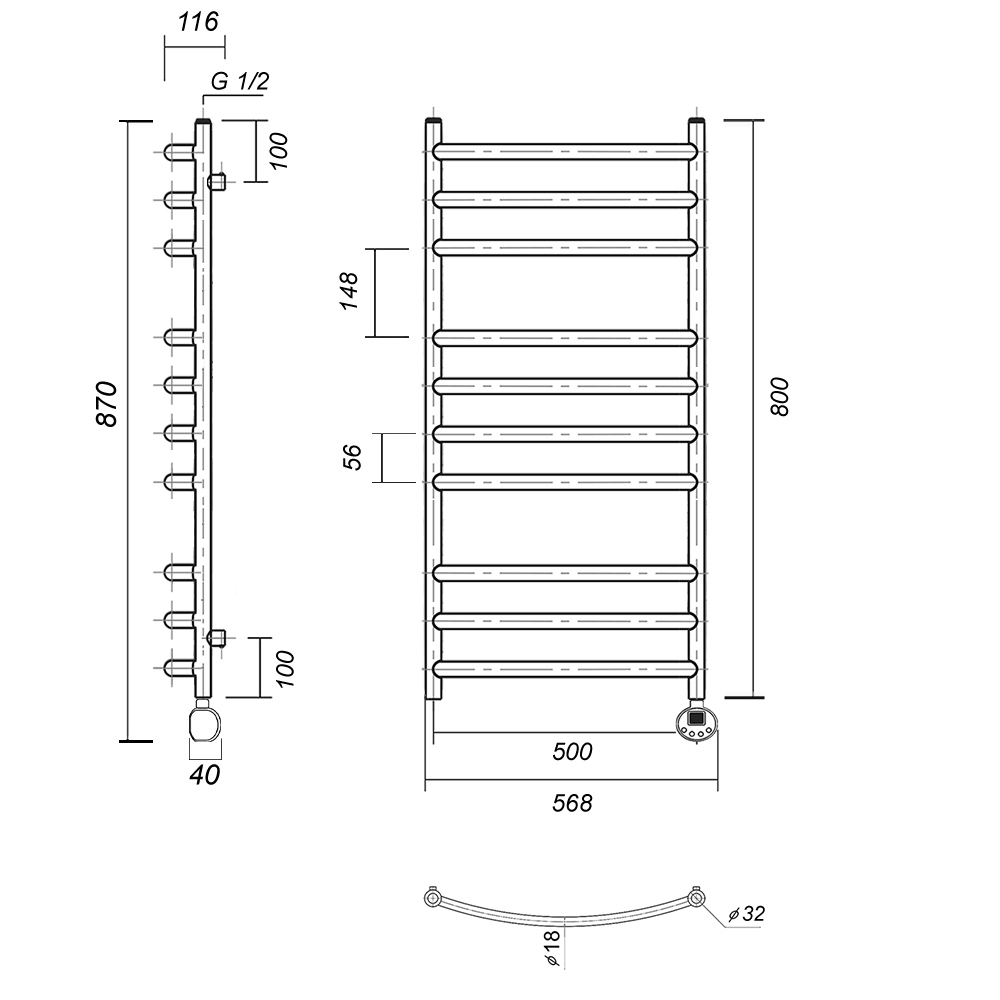 Полотенцесушитель электрический Domoterm Калипсо П10 500x800 ER ТЭН справа, хром