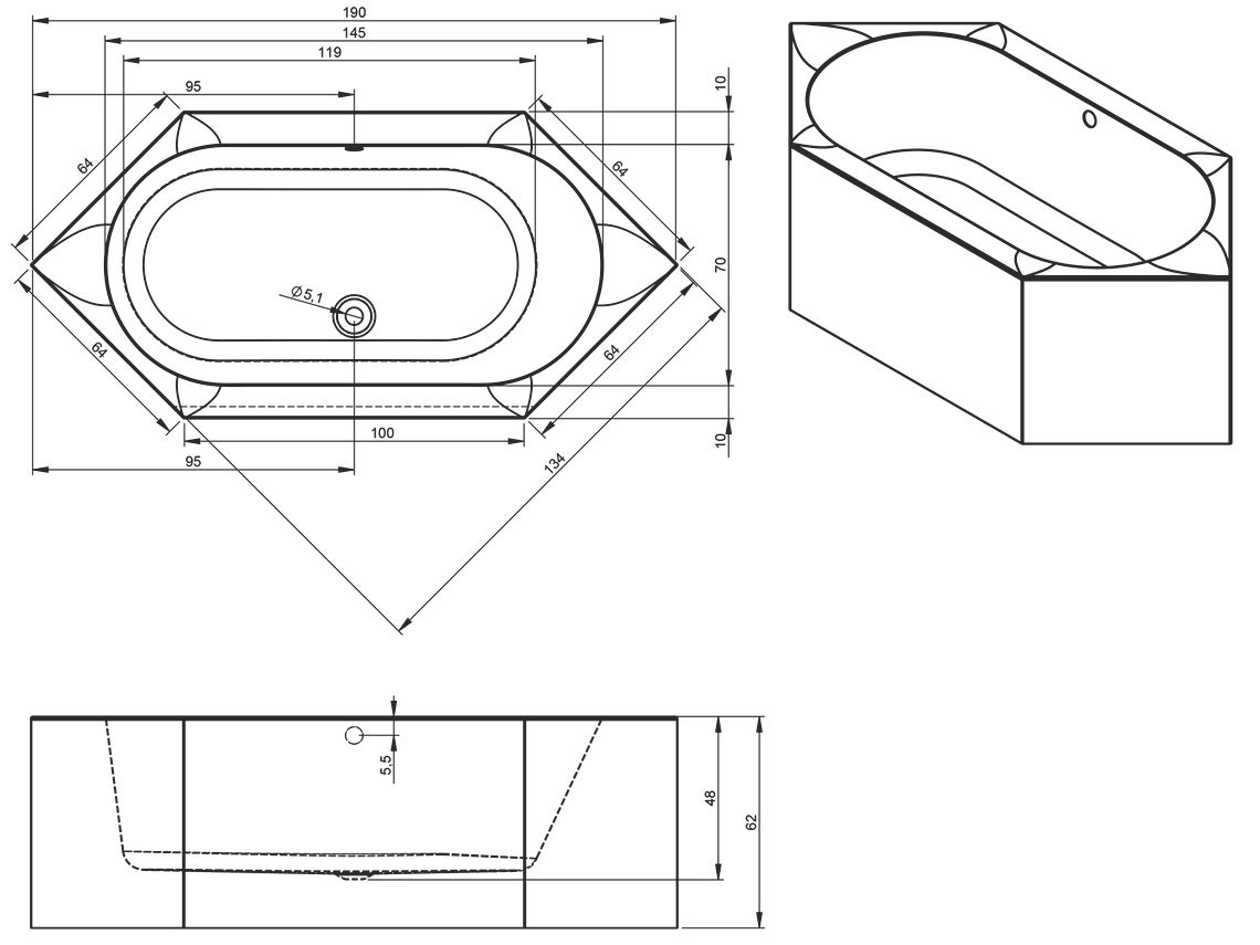 Акриловая ванная Riho Kansas Plug & Play 190x90 см с монолитной панелью