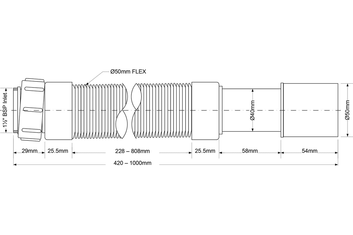 Гофрированная труба McAlpine раздвижная, L290-500 х 50 мм, вход 1 1/2", В, выход D=40/50 мм MRMF2-05