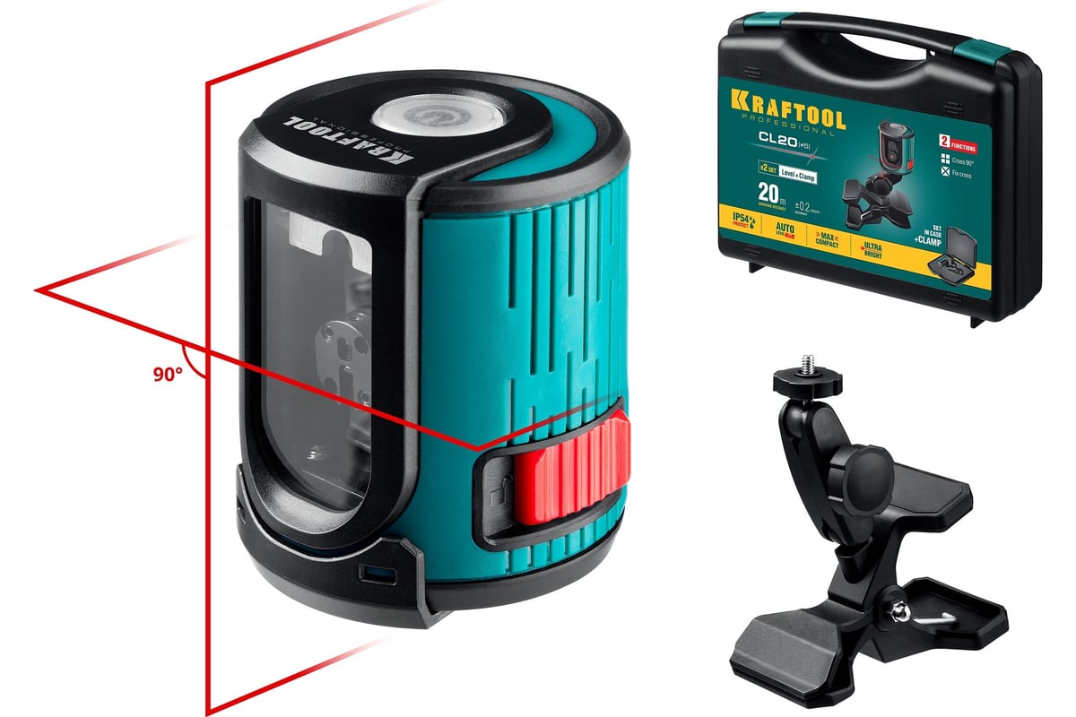 Лазерный нивелир Kraftool CL 20 5 20 м, IP54, точность +/-0,2 мм/м, держатель, в кейcе 34700-5