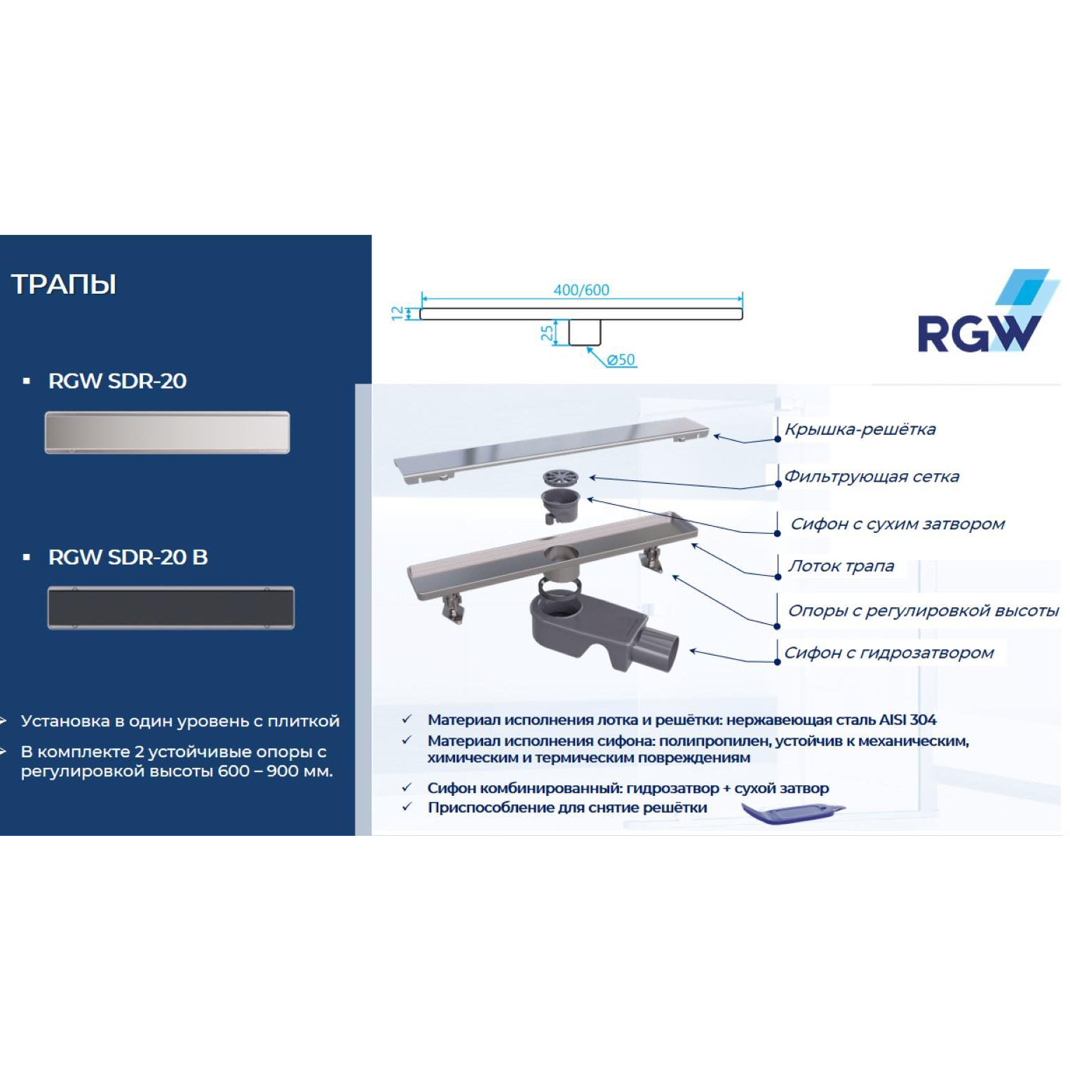 Трап для душа RGW SDR-20B 80 см, черный матовый