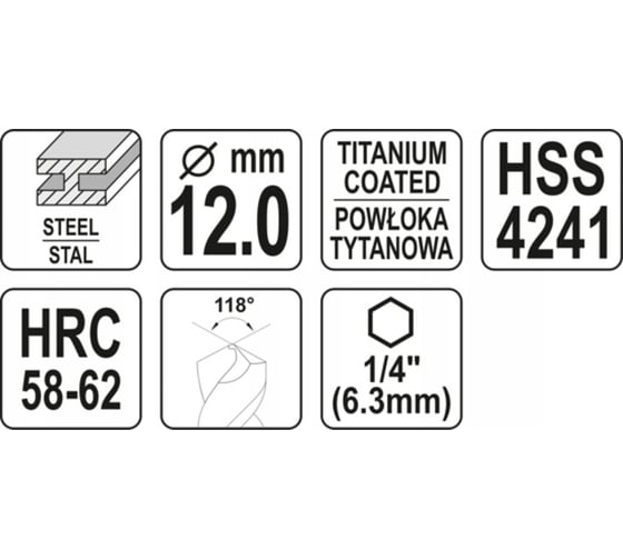 Сверло фрезеровальное по металлу 12 мм, HSS-TIN Yato YT-44830