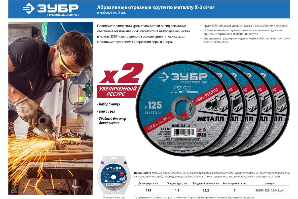 Круг отрезной X-2 по металлу (5 шт; 125х1.2х22 мм) Зубр 36200-125-1.2-H5_z03