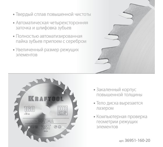 Диск пильный по дереву Optima 160x20 мм, 24Т Kraftool 36951-160-20