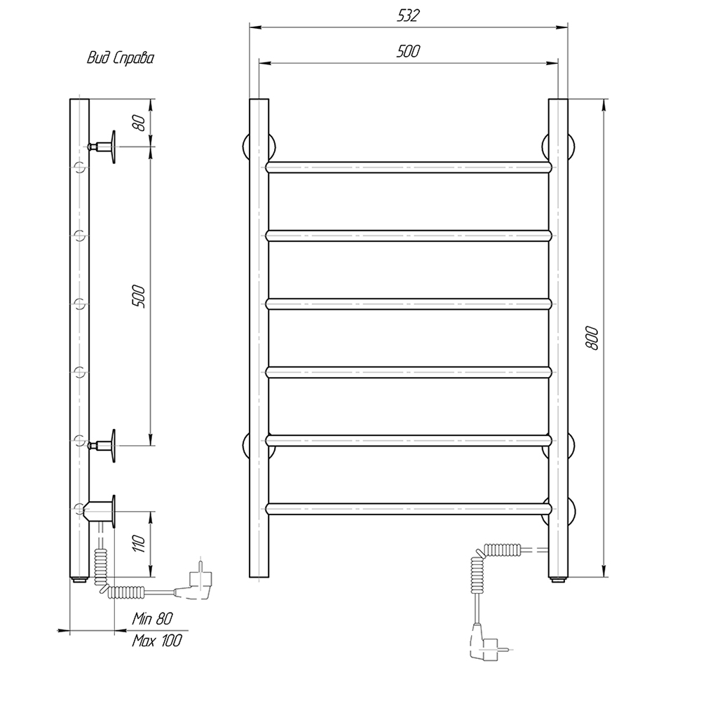 Полотенцесушитель электрический Domoterm Классик DMT 109-6 50x80 EK ТЭН справа, хром