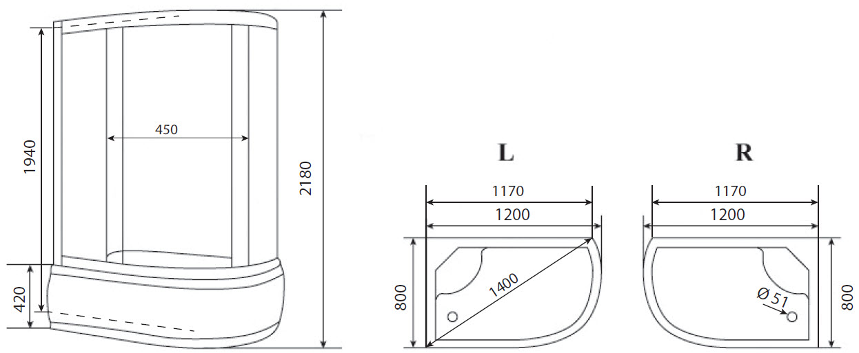 Душевая кабина Timo Eco TE-0702PL 120x80 L, без г/м, рифленые стекла, белый