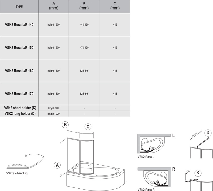 Шторка для ванны Ravak VSK2 Rosa белая/Rain 170x150 R