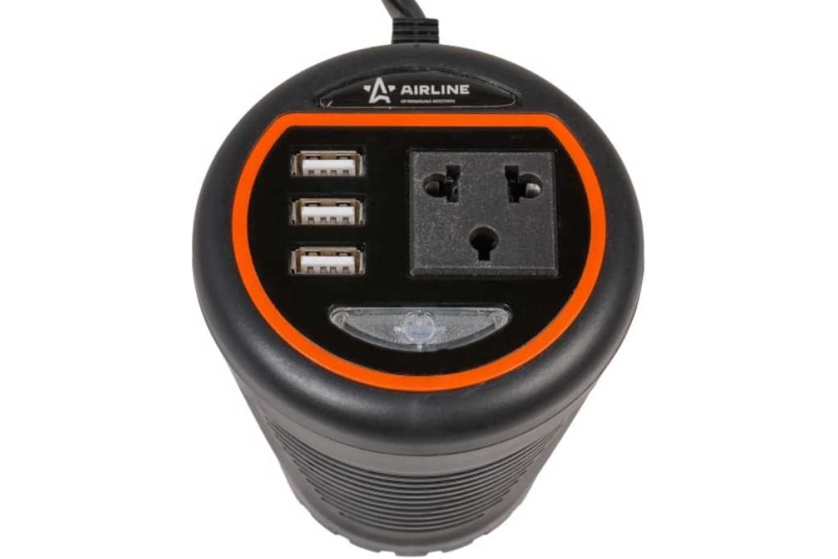 Инвертор в подстаканник с тремя выходами USB Airline API-120-00 (12В-220В, 120 Вт)